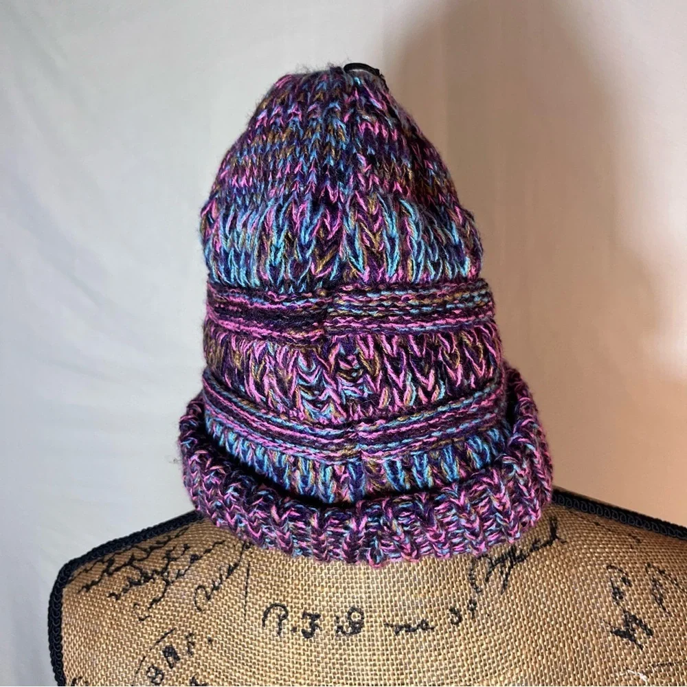 Multi-Color Marled Knit Ponytail Beanie - Purple & Pink Chunky Messy Bun Hat